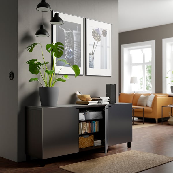 BESTÅ storage combination with doors, black-brown/Riksviken/Stubbarp brushed dark pewter effect, 180x42x74 cm