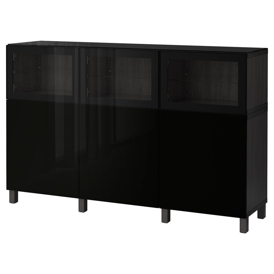 BESTÅ storage combination with doors, black-brown Selsviken/Glassvik high-gloss/black clear glass, 180x42x112 cm