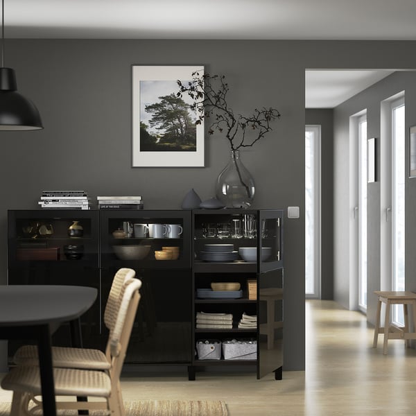 BESTÅ storage combination with doors, black-brown Selsviken/Glassvik high-gloss/black clear glass, 180x42x112 cm