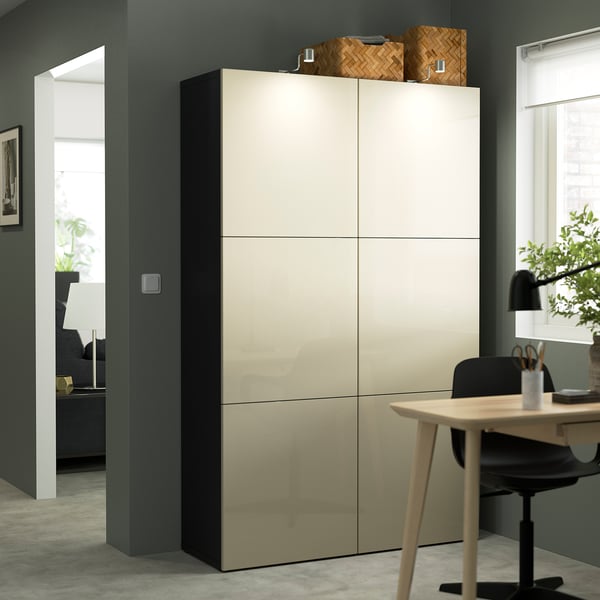 BESTÅ storage combination with doors, black-brown/Selsviken high-gloss/beige, 120x42x193 cm