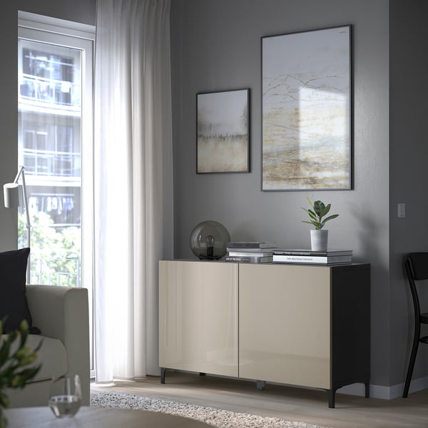 BESTÅ storage combination with doors, black-brown/Selsviken high-gloss/beige, 120x42x74 cm
