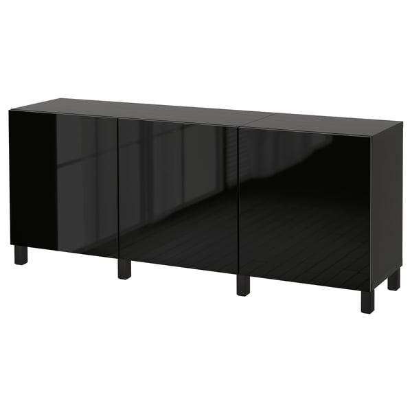 BESTÅ storage combination with doors, black-brown/Selsviken/Stubbarp high-gloss/black, 180x42x74 cm