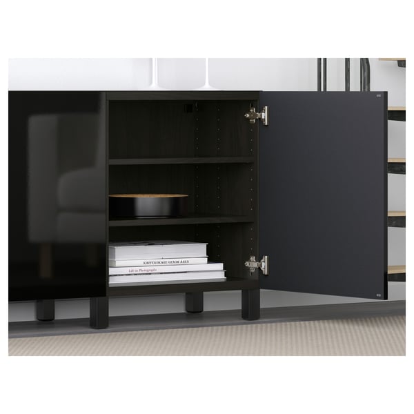 BESTÅ storage combination with doors, black-brown/Selsviken/Stubbarp high-gloss/black, 180x42x74 cm