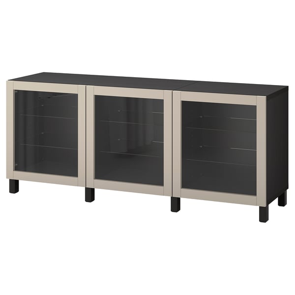 BESTÅ storage combination with doors, black-brown Sindvik/Stubbarp/light grey-beige clear glass, 180x42x74 cm