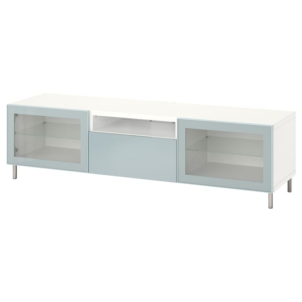 Ikea BESTÅ - TV bench, white Glassvik/Selsviken/Ösarp light grey-blue, 180x42x48 cm
