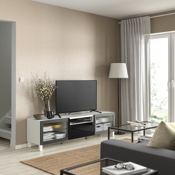 BESTÅ TV bench, white Selsviken/Fällsvik anthracite, 180x42x48 cm