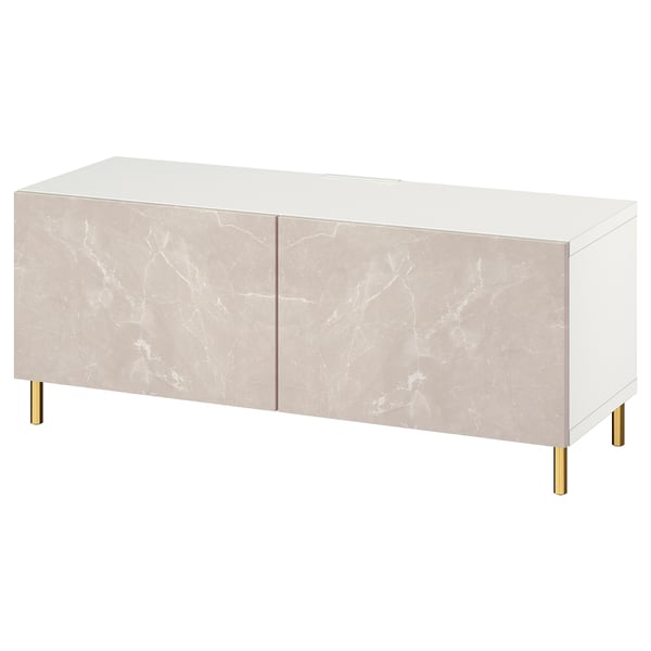 BESTÅ TV bench with doors, white/Bergsviken/Ösarp beige, 120x42x48 cm