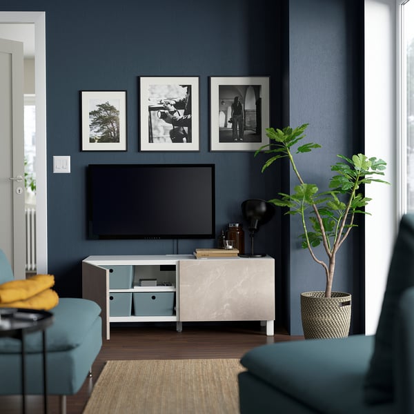 BESTÅ TV bench with doors, white Bergsviken/Stubbarp/beige, 120x42x48 cm