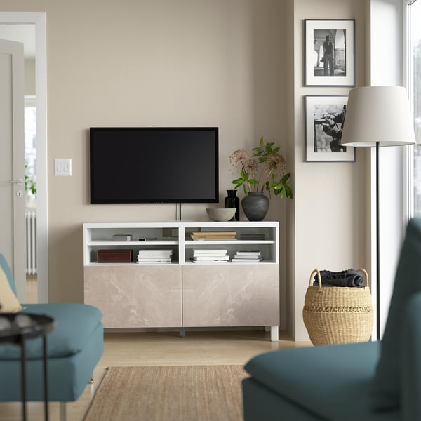 BESTÅ TV bench with doors, white/Bergsviken/Stubbarp beige, 120x42x74 cm