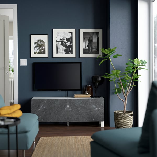 BESTÅ TV bench with doors, white Bergsviken/Stubbarp/black, 120x42x48 cm