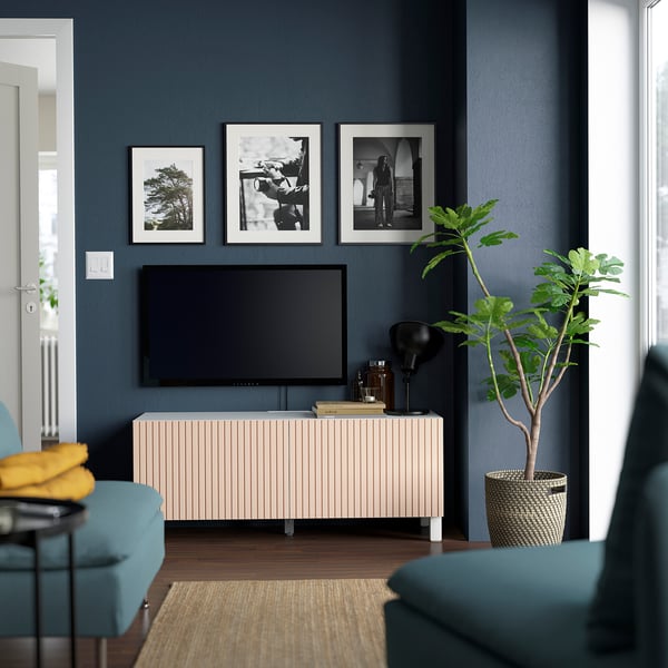 BESTÅ TV bench with doors, white Björköviken/Stubbarp/birch veneer, 120x42x48 cm