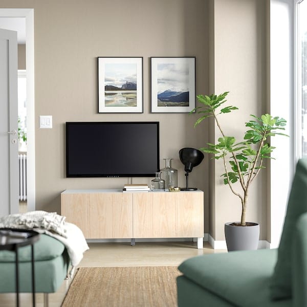 Ikea BESTÅ - TV cabinet with doors, white/Fänrik/Stubbarp ash,120x42x48 cm