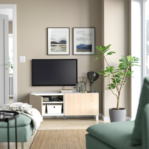 BESTÅ TV bench with doors, white/Fänrik/Stubbarp ash, 120x42x48 cm