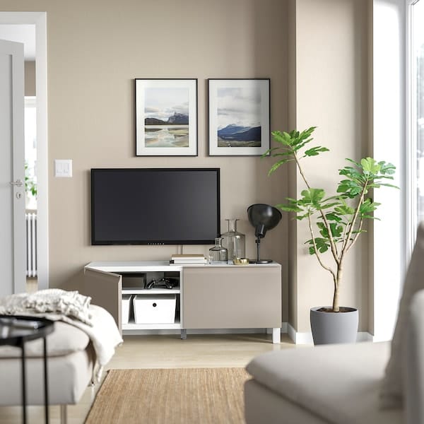 Ikea BESTÅ - TV bench with doors, white/Hammarsmed/Stubbarp beige, 120x42x48 cm