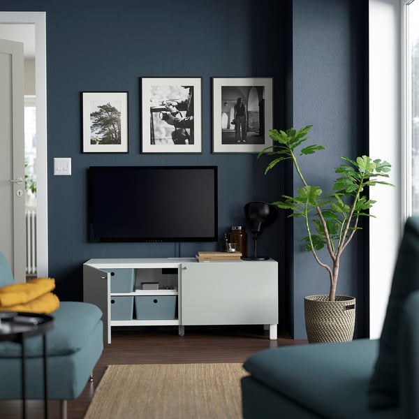 BESTÅ TV bench with doors, white Hjortviken/Stubbarp/pale grey-green, 120x42x48 cm