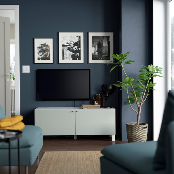 BESTÅ TV bench with doors, white Hjortviken/Stubbarp/pale grey-green, 120x42x48 cm