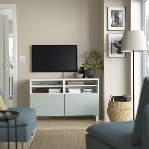 BESTÅ TV bench with doors, white/Hjortviken/Stubbarp pale grey-green, 120x42x74 cm