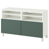 BESTÅ TV bench with doors, white/Krukmakare dark grey-green, 120x42x74 cm