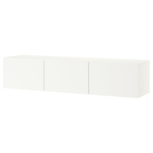 BESTÅ TV bench with doors, white stained oak effect/Hjortviken/Stubbarp pale grey-green, 180x42x38 cm