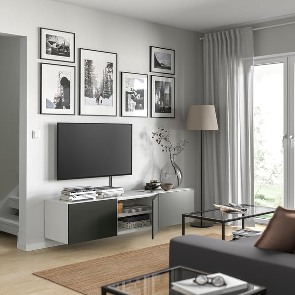 BESTÅ TV bench with doors, white/Lappviken dark grey, 180x42x38 cm