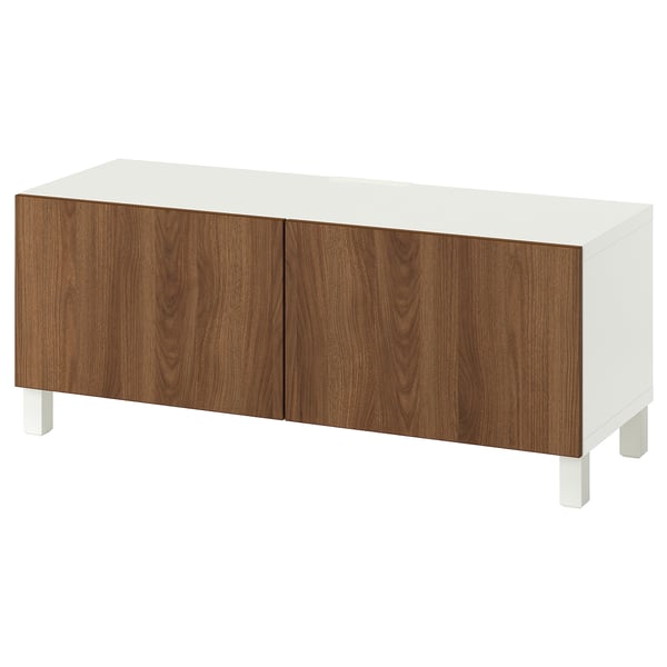 BESTÅ TV bench with doors, white brown/Lappviken/Stubbarp walnut effect, 120x42x48 cm