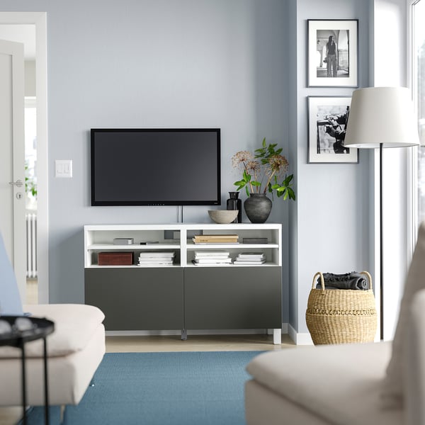 BESTÅ TV bench with doors, white/Lappviken/Stubbarp dark grey, 120x42x74 cm