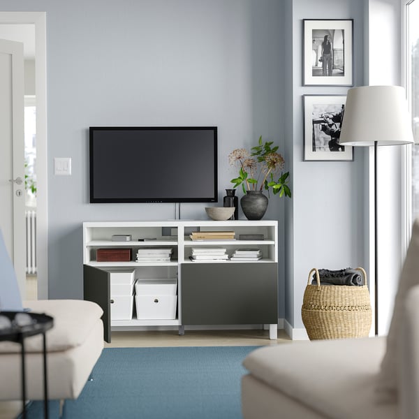 BESTÅ TV bench with doors, white/Lappviken/Stubbarp dark grey, 120x42x74 cm