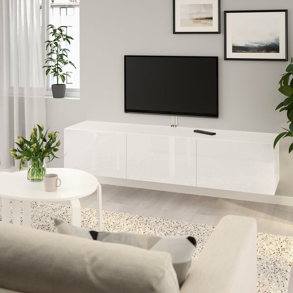 BESTÅ TV bench with doors, white/Selsviken high-gloss/white, 180x42x38 cm