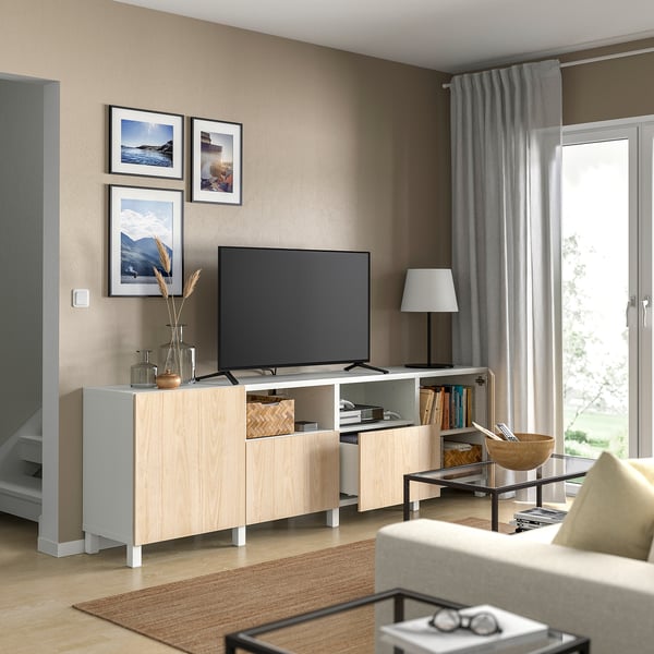 BESTÅ TV bench with doors and drawers, white/Fänrik/Stubbarp ash, 240x42x74 cm