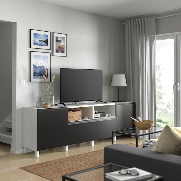 Ikea BESTÅ - TV bench with doors and drawers, white/Hammarsmed/Stubbarp anthracite, 240x42x74 cm