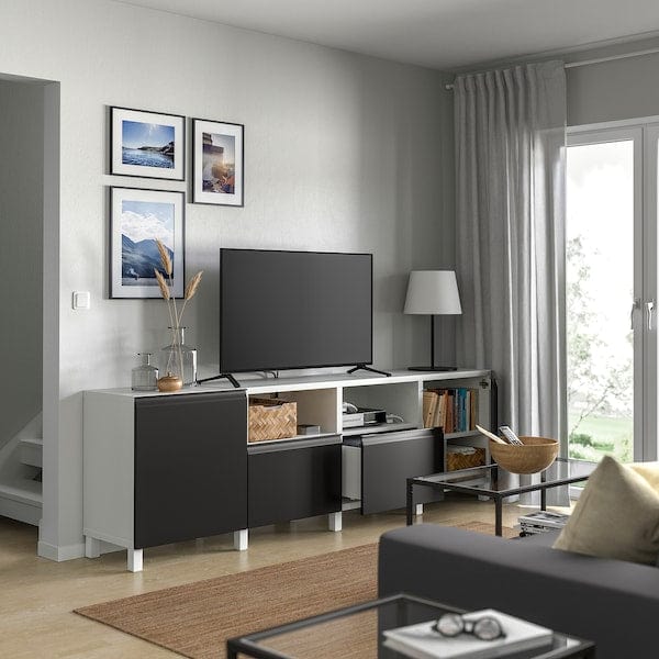 Ikea BESTÅ - TV bench with doors and drawers, white/Hammarsmed/Stubbarp anthracite, 240x42x74 cm