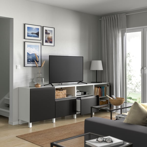 BESTÅ TV bench with doors and drawers, white/Hammarsmed/Stubbarp anthracite, 240x42x74 cm