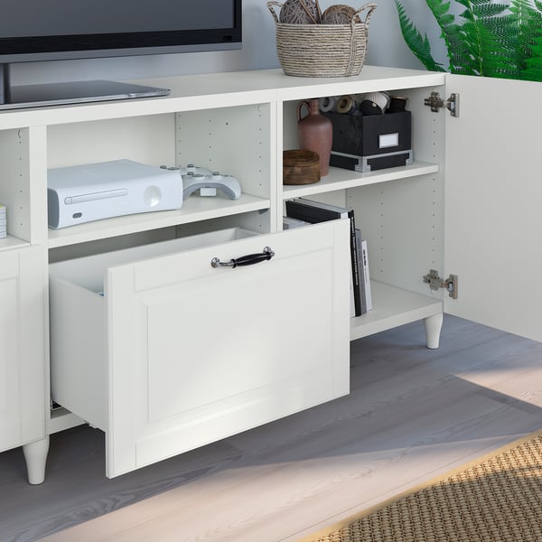 BESTÅ TV bench with doors and drawers, white/Smeviken/Kabbarp white, 240x42x74 cm