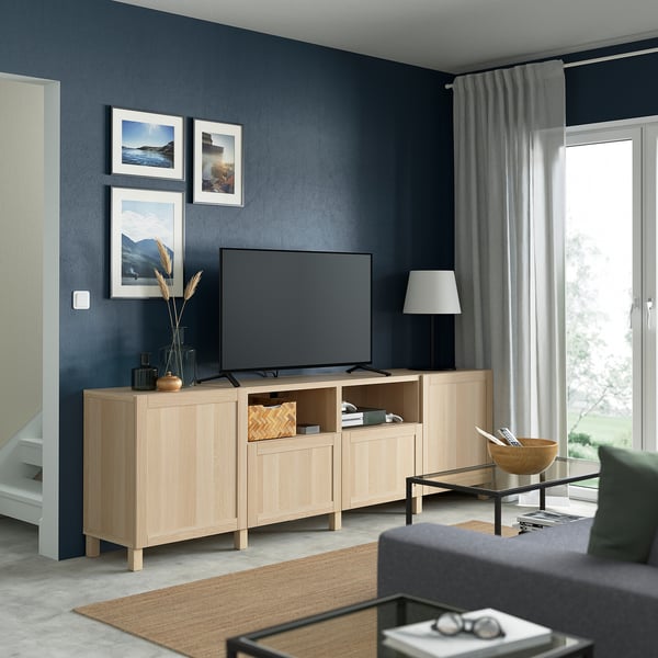 BESTÅ TV bench with doors and drawers, white stained oak effect/Hanviken/Stubbarp white stained oak effect, 240x42x74 cm