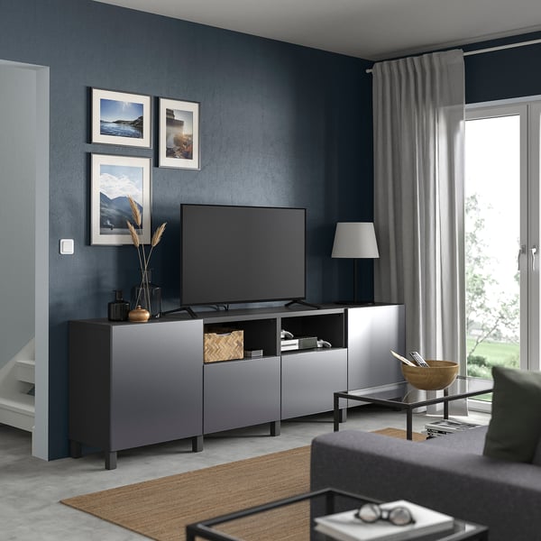 BESTÅ TV bench with doors and drawers, dark grey/Riksviken/Stubbarp brushed dark pewter effect, 240x42x74 cm