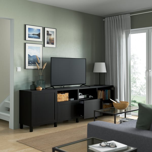 BESTÅ TV bench with doors and drawers, black-brown/Hanviken/Stubbarp black-brown, 240x42x74 cm