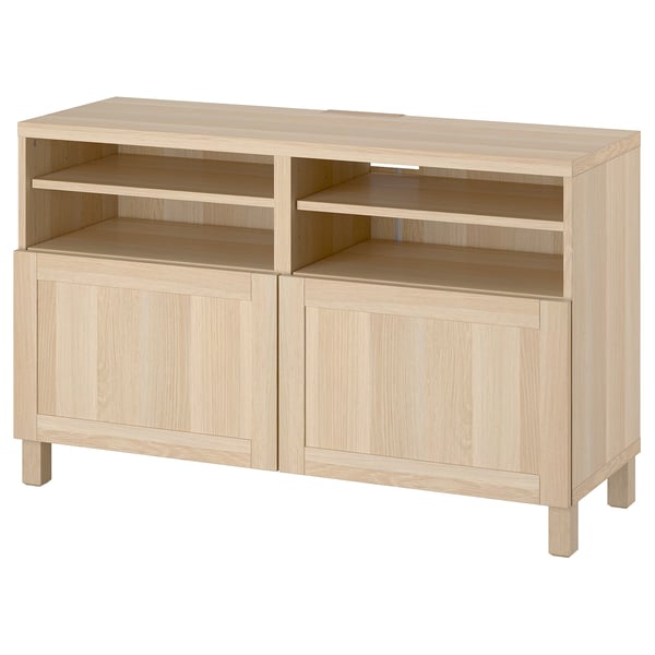 BESTÅ TV bench with doors, white stained oak effect/Hanviken/Stubbarp white stained oak effect, 120x42x74 cm