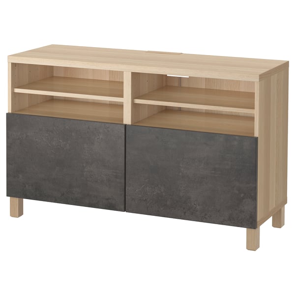 BESTÅ TV bench with doors, white stained oak effect Kallviken/Stubbarp/dark grey concrete effect, 120x42x74 cm