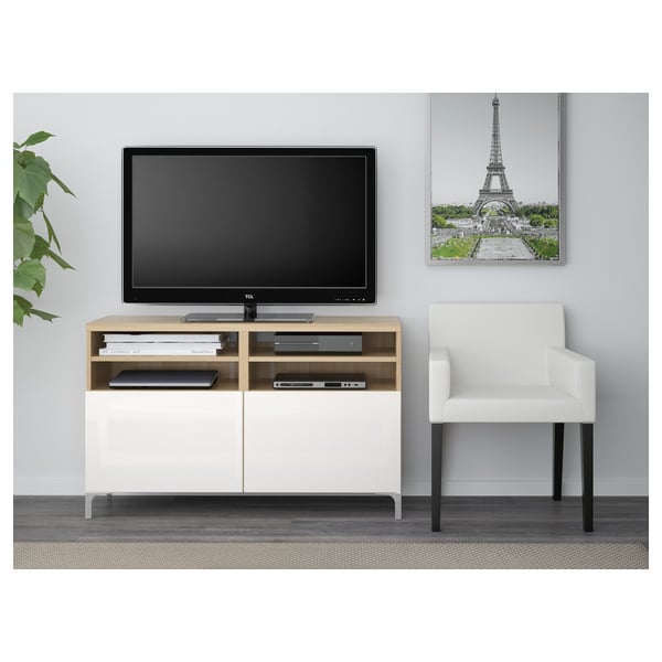 BESTÅ TV bench with doors, white stained oak effect/Selsviken/Nannarp high-gloss/white, 120x42x74 cm
