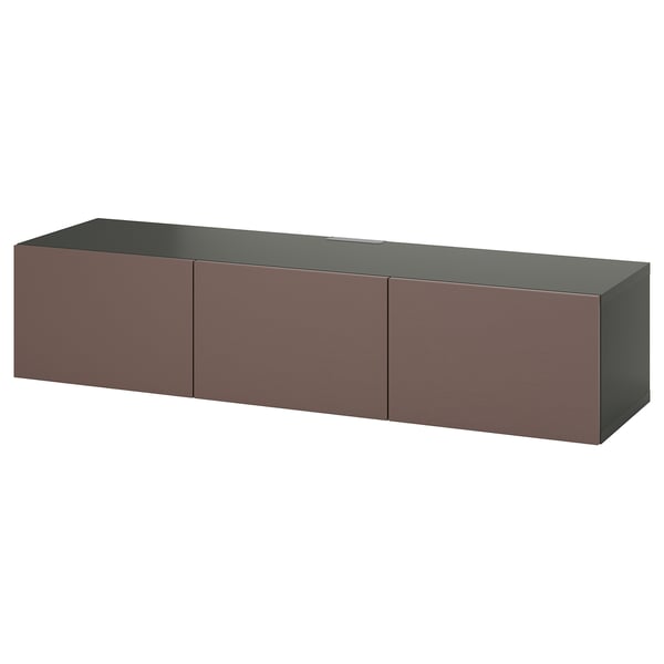 BESTÅ TV bench with doors, dark grey/Hjortviken brown, 180x42x38 cm