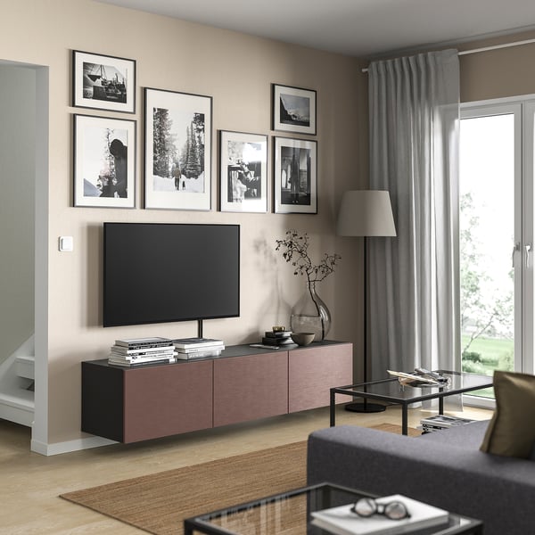 BESTÅ TV bench with doors, dark grey/Hjortviken brown, 180x42x38 cm