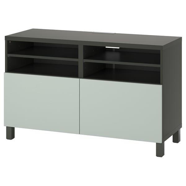 BESTÅ TV bench with doors, dark grey/Hjortviken/Stubbarp pale grey-green, 120x42x74 cm