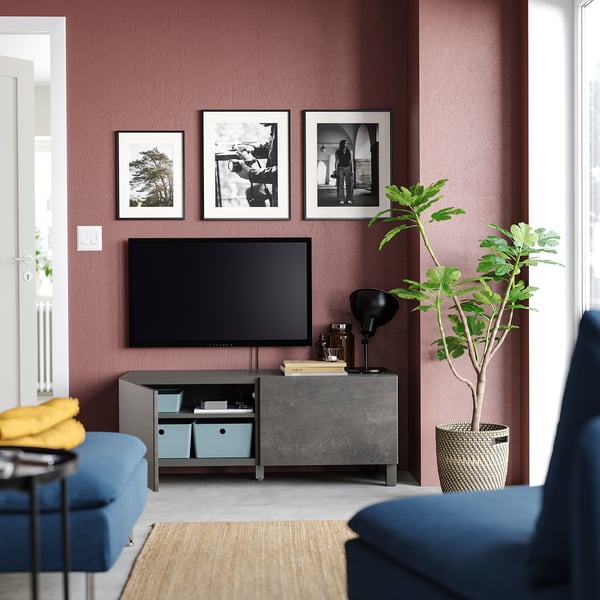 BESTÅ TV bench with doors, dark grey/Kallviken/Stubbarp dark grey, 120x42x48 cm