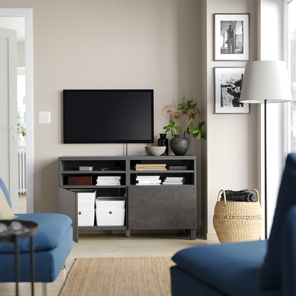 BESTÅ TV bench with doors, dark grey/Kallviken/Stubbarp dark grey, 120x42x74 cm
