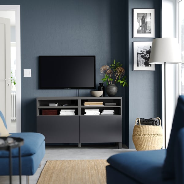 BESTÅ TV bench with doors, dark grey/Riksviken/Stubbarp brushed dark pewter effect, 120x42x74 cm