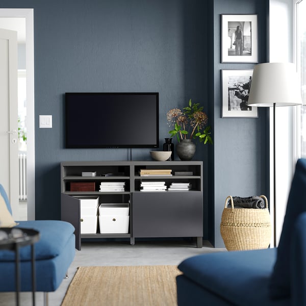 BESTÅ TV bench with doors, dark grey/Riksviken/Stubbarp brushed dark pewter effect, 120x42x74 cm