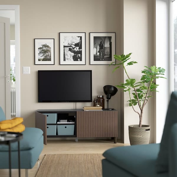 Ikea BESTÅ - TV bench with doors, black-brown Björköviken/Mejarp/brown stained oak veneer, 120x42x48 cm