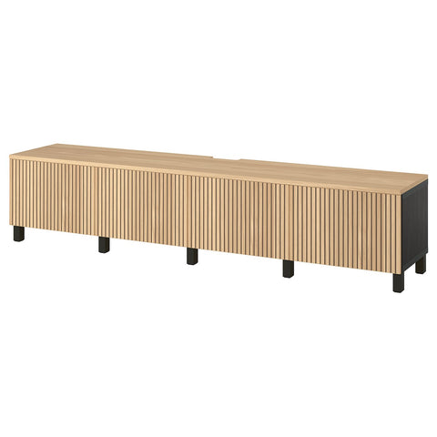 BESTÅ TV bench with doors, black-brown/Björköviken/Stubbarp oak veneer, 240x42x50 cm