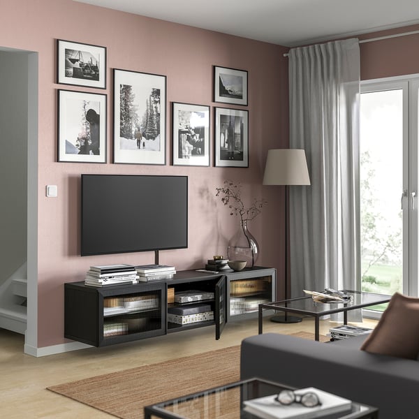 BESTÅ TV bench with doors, black-brown/Fällsvik anthracite, 180x42x38 cm