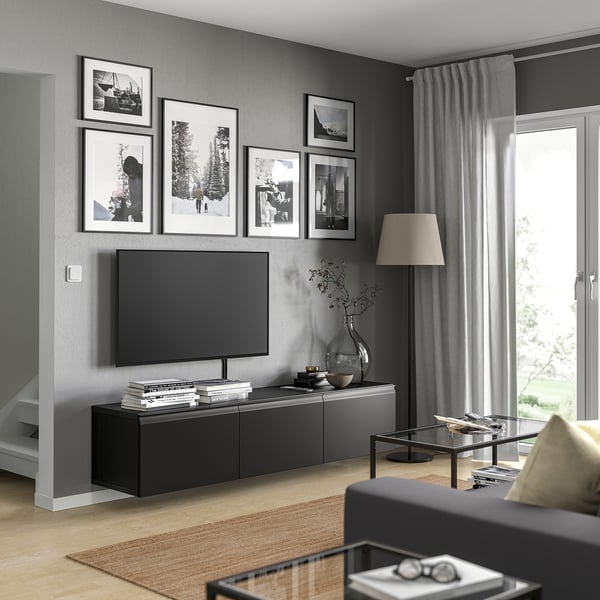 BESTÅ TV bench with doors, black-brown Hammarsmed/anthracite, 180x42x38 cm